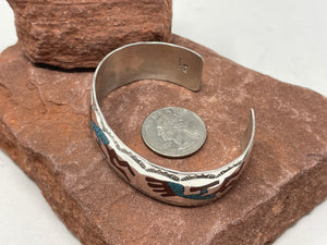 Turquoise and Coral Chip Inlay Cuff by Navajo H Begay