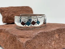 Load image into Gallery viewer, Turquoise and Coral Chip Inlay Cuff by Navajo H Begay