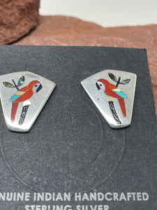 Red Coral Parrot Inlay Post Earrings by Sanford Edaakie