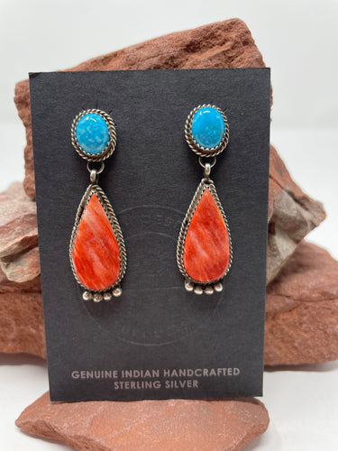 Spiny Oyster and Turquoise Earrings by Navajo Selena Warner
