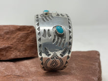 Load image into Gallery viewer, Vintage 6.5 IN Sterling Silver Cuff with 4 small Nevada Turquoise Stones handmade by Navajo H Bahe