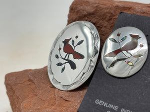 Cardinal Zuni Inlay Pendant and Post Earrings Set signed ‘BH’ by artist