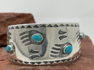 Vintage 6.5 IN Sterling Silver Cuff with 4 small Nevada Turquoise Stones handmade by Navajo H Bahe
