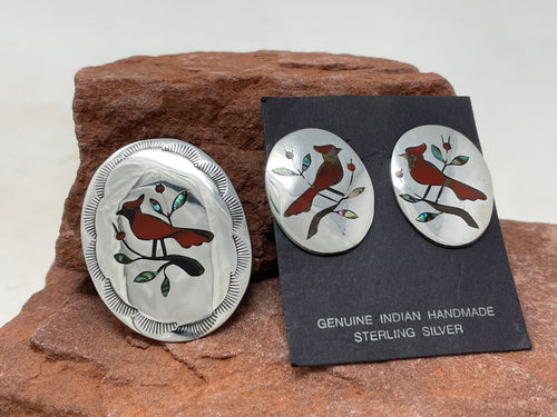 Cardinal Zuni Inlay Pendant and Post Earrings Set signed ‘BH’ by artist