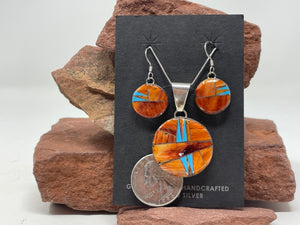 Spiny Oyster and Turquoise Inlay Pendant and Earring Set by Eloise Kee