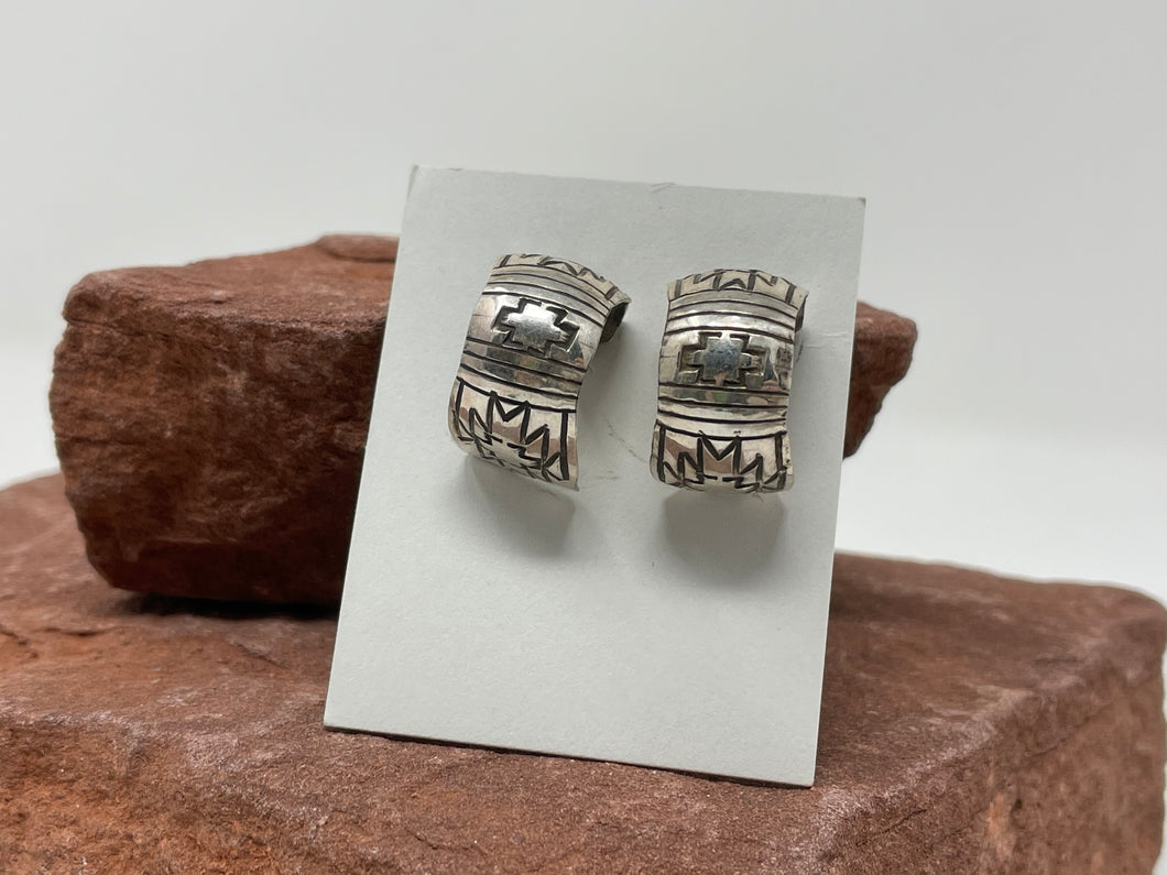 Silver Semi-Hoop Post Earrings by Navajo Rhonda Tahe