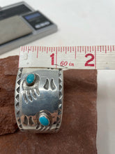 Load image into Gallery viewer, Vintage 6.5 IN Sterling Silver Cuff with 4 small Nevada Turquoise Stones handmade by Navajo H Bahe