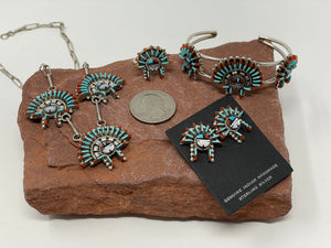 Turquoise and Coral Zuni Needlepoint 4 Piece Jewelry Set by Edmund Cooeyate
