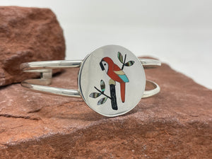 Coral Parrot Overlay Inlay Bracelet by Zuni Sanford Edaakie