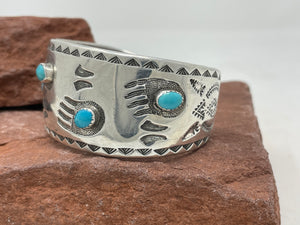 Vintage 6.5 IN Sterling Silver Cuff with 4 small Nevada Turquoise Stones handmade by Navajo H Bahe