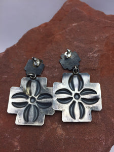 Handmade Navajo Repousse Sterling Silver Cross Earrings by Lorreta Chee