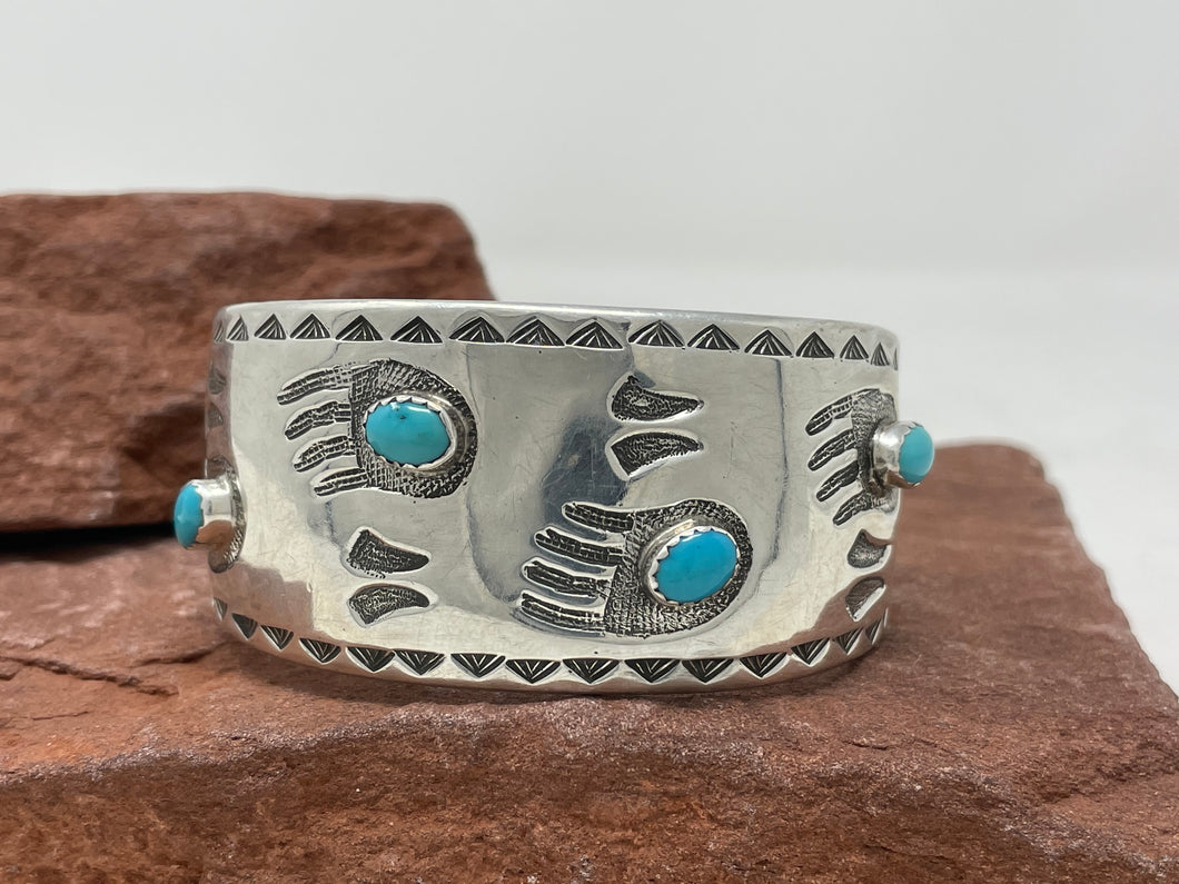 Vintage 6.5 IN Sterling Silver Cuff with 4 small Nevada Turquoise Stones handmade by Navajo H Bahe