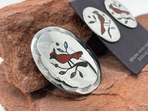 Cardinal Zuni Inlay Pendant and Post Earrings Set signed ‘BH’ by artist